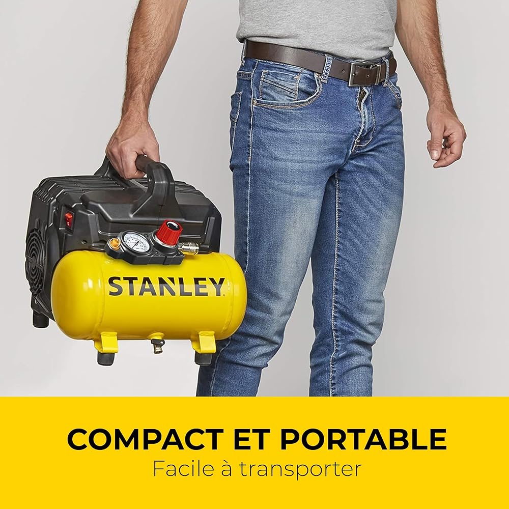 Stanley Compresseur à Air DN200/8/6 - Gonfleur Pneus Voiture 8 Bar - Compresseur Portatif avec Capacité de 6L - sans Huile 105L/Min - Avec Poignée et Pieds Antidérapants - pour Outils Pneumatiques : Stanley: Bricolage