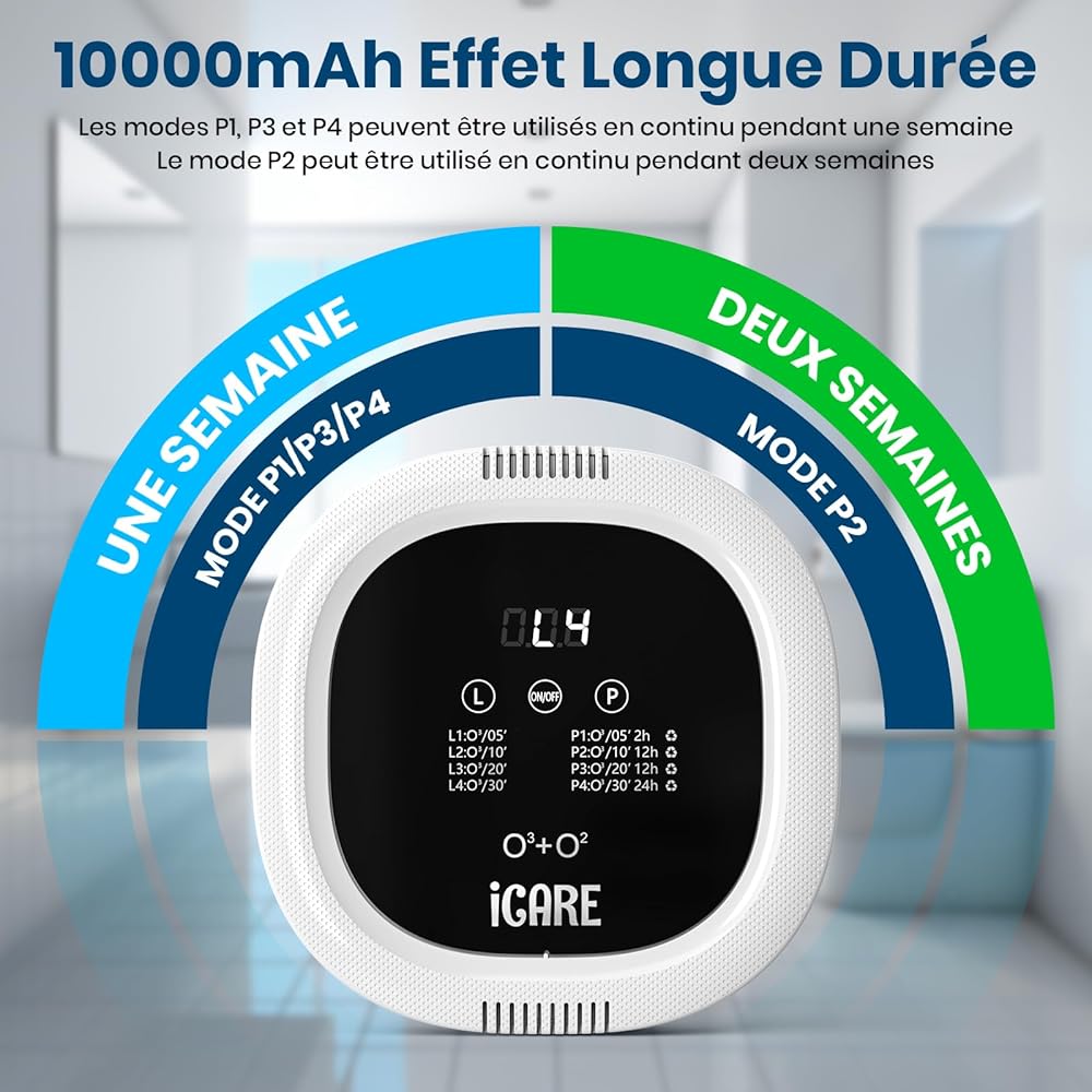 Générateur d'Ozone, 10000 mAh Rechargeable Purificateur d'air à Ions Négatifs Ozonizer, Stérilisateur d'Odeurs pour Chambre, Salle de Bain, Cuisine, Animaux Domestiques, Voiture, Formaldéhyde Chasse : Cuisine et Maison