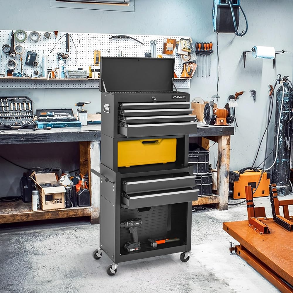 GOPLUS Chariot d’Atelier avec Coffre Amovible, Coffre à Outils Roulant avec 6 Tiroirs & Armoire à Étagère Réglable, pour Garage, Atelier, Charge 90kg(Noir) : Bricolage