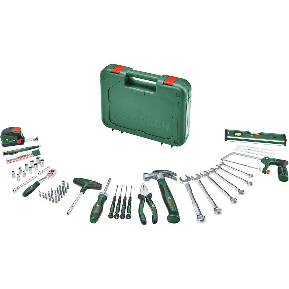 Bosch Set de 64 outils à main Advanced (kit bricolage polyvalent ; haute qualité ; outils ergo; pinces, clés, tournevis, cliquets, outils de mesure, scies, marteaux, etc.) : Bricolage