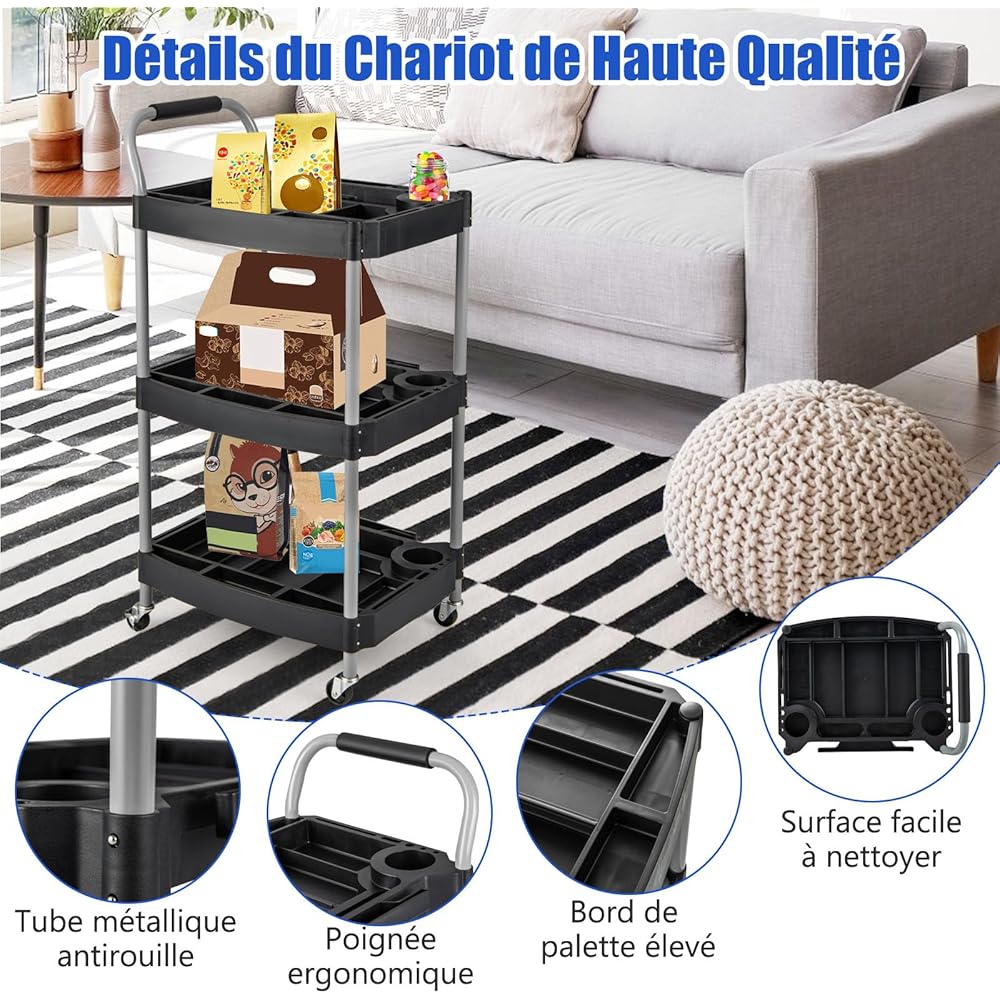 GOPLUS Chariot Service d'Atelier, Chariot d'Outils à 3 Niveaux avec Porte-Bouteilles et Porte-Outils Moulés, Poignée Ergonomique & Roues Verrouillables pour Garage, Atelier : Commerce, Industrie et Science