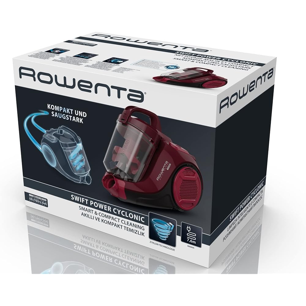 Rowenta Swift Power Cyclonic Aspirateur sans sac, Capacité 1,2 L, Haute performance, Moteur basse consommation, Compact, Brosse parquet RO2933EA, Bordeaux : Cuisine et Maison