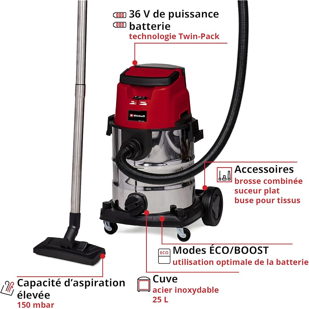 Einhell Aspirateur eaux et poussières sans fil TE-VC 36/25 Li S - Solo Power X-Change (36V, cuve inox 25L, 76 Db) Livré sans Batterie ni Chargeur : Cuisine et Maison