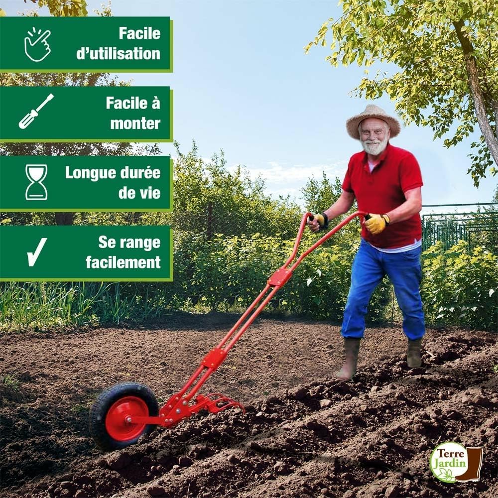 TERRE JARDIN Cultivateur manuel à roue 4 en 1 diamètre 40 cm