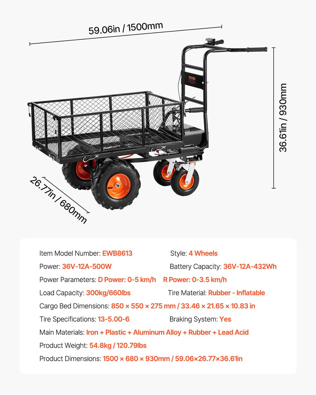 VEVOR Chariot utilitaire électrique 36 V batterie 432 Wh capacité de charge 300 kg