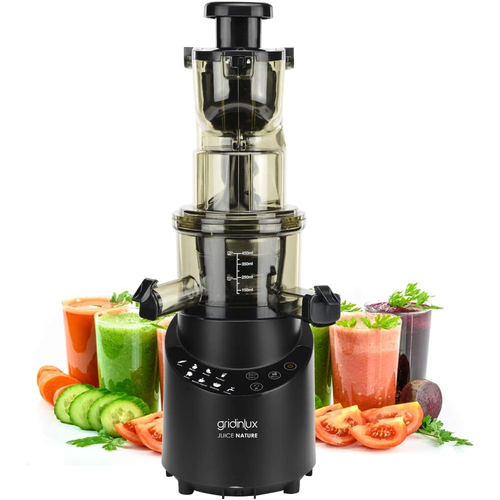 Gridinlux Juice Nature. Presse à froid, presse à jus, mélangeur. Extracteur de jus, 8 programmes, Nettoyage facile, Régime de détoxification, Accessoires, recettes : Cuisine et Maison