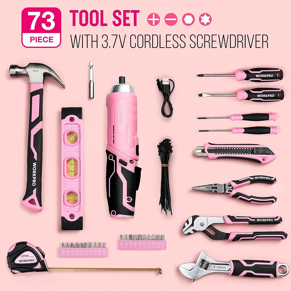 WORKPRO Caisse à Outils Complete Rose 73 Pièces avec Tournevis sans Fil 3,7 V, Boîte à Outils Complete avec Boîte en Fer Portable, Mallette à Outils pour Réparation Dommestique ou de Travail : Bricolage