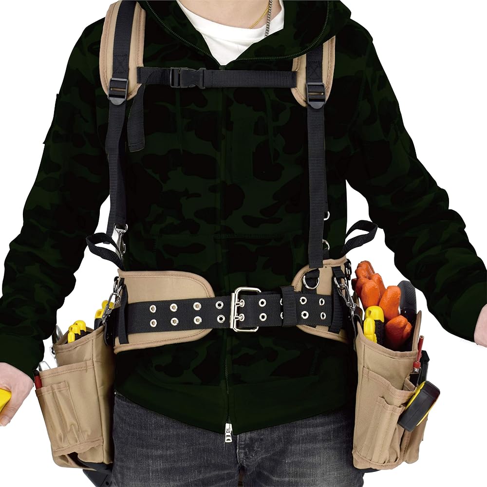 Jackson Palmer Ceinture à outils professionnelle Comfort-Rig avec bretelles réglables (poches amovibles et 2 crochets électriques) – Marron clair et noir : Bricolage