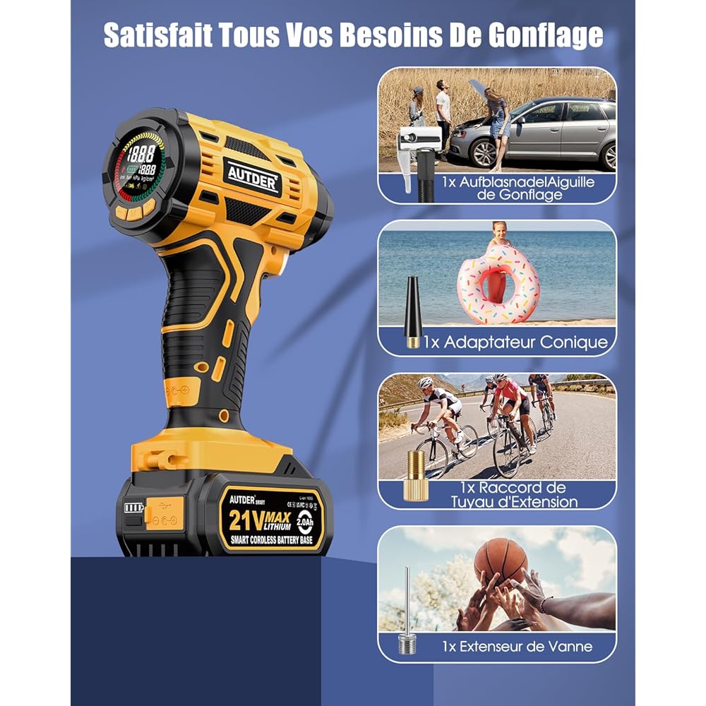 : AUTDER Compresseur à Air Portatif, Gonfleur Pneus Voiture, Max 180 PSI/12.4 Bar, Compresseur Voiture sans Fil avec Batterie 21V et 12V DC, pour Voitures, Vélos, Motos, Ballons, Jaune