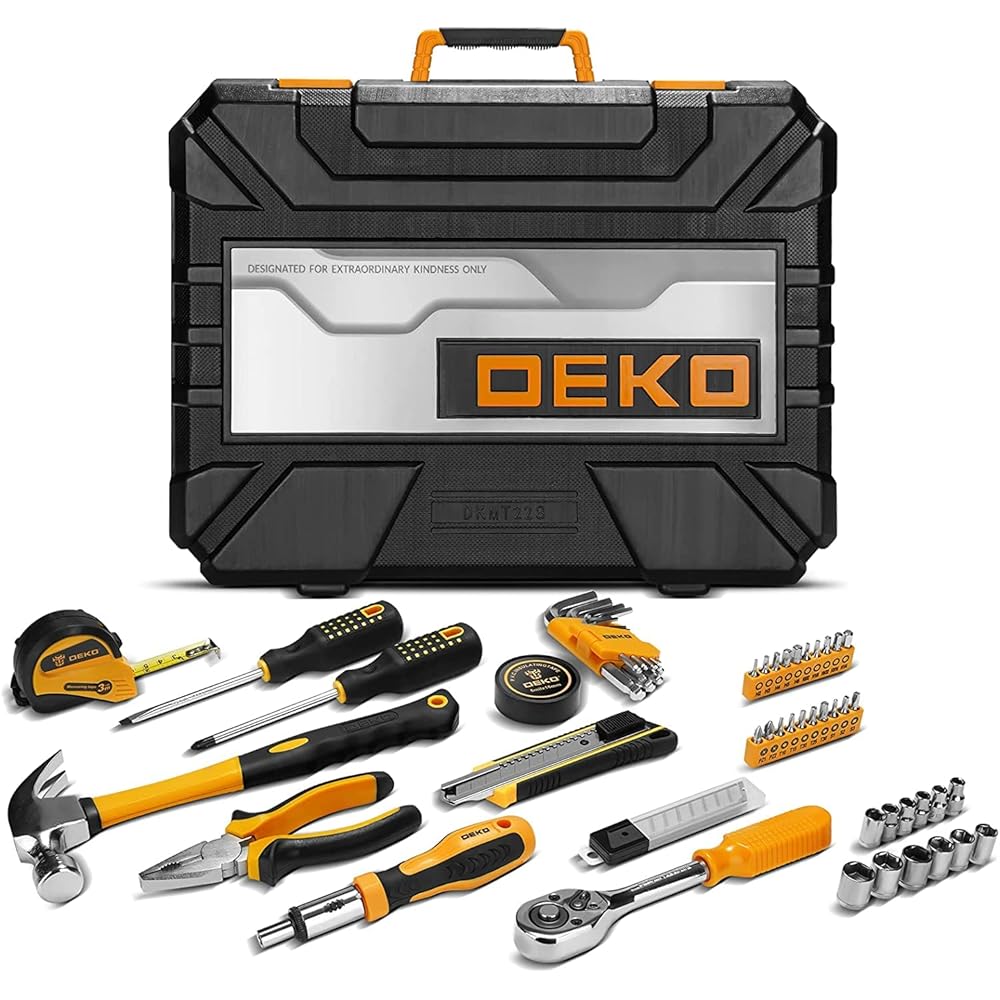 DEKO Caisse a Outil 228 Pièces, Malette Boite Coffret Complete Bricolage Portable Marteau Pinces Tournevis Clé Douille Ruban Mesurer Testeur Électrique Stylo Kits Réparation Combiné : Bricolage