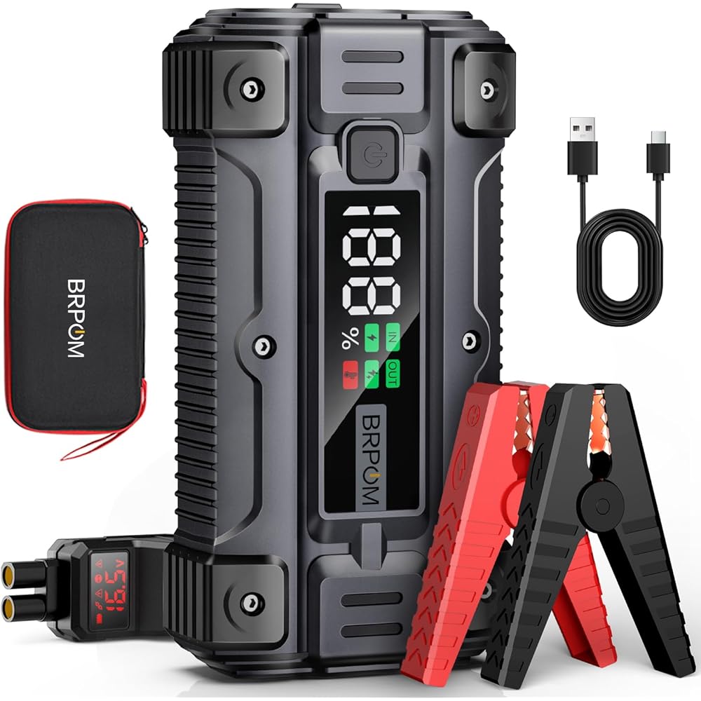 BRPOM Booster Batterie Voiture 5000A, 26800mAh Portable (Jusqu'à 8.5L Diesel & Tout Gaz), 12V Jump Starter, Démarreur de Batterie Avec Grand Ecran, QC 3.0 : Auto et Moto