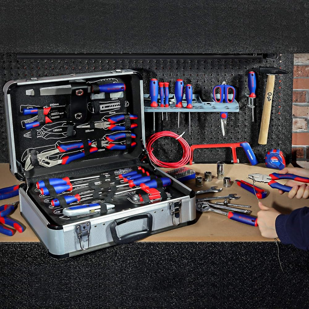 WORKPRO Caisse à Outils Complete Professionnelle avec Mallette en Aluminium, Boite à Outils Complete pour Réparation Dommestique ou de Travail 119 Pièces : Bricolage