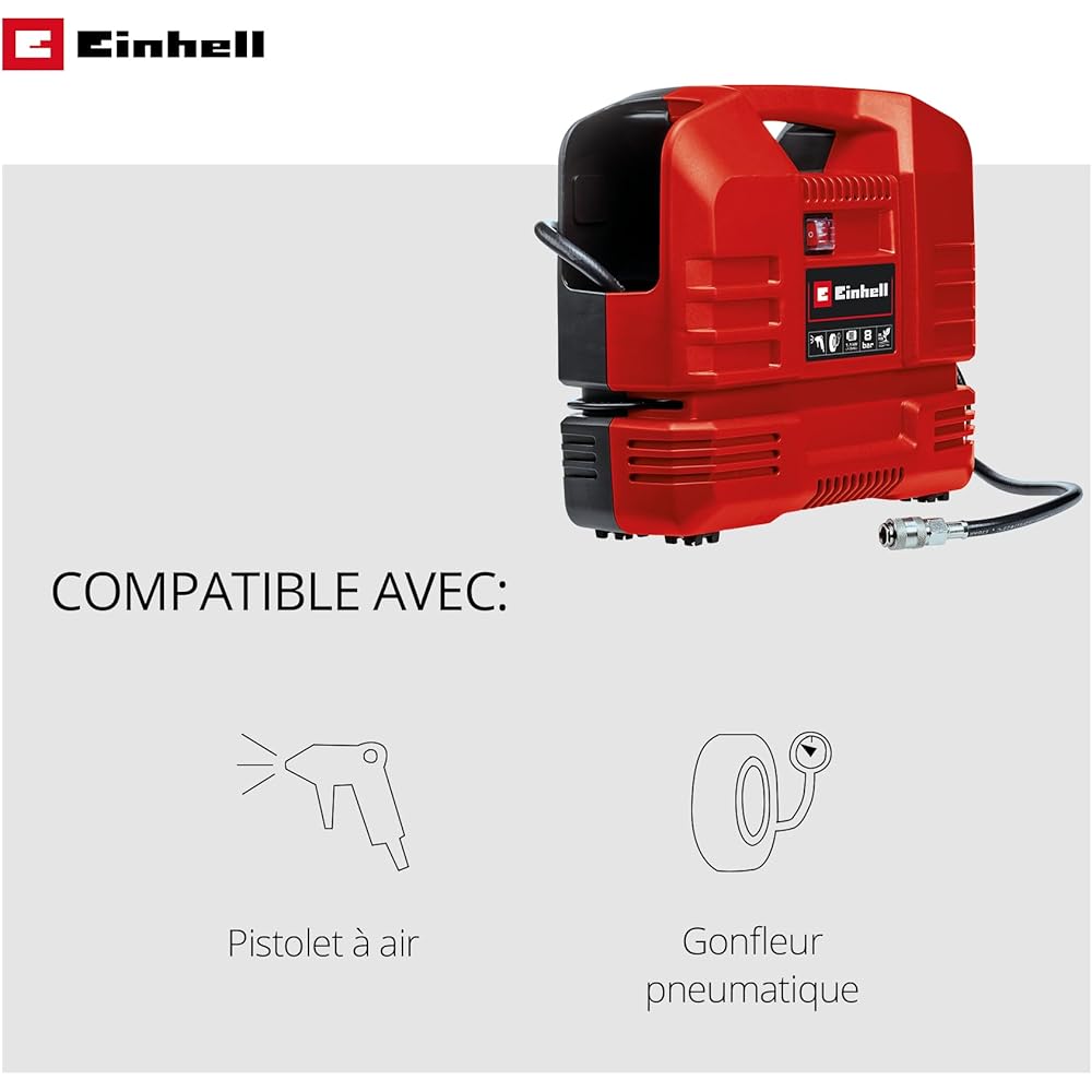 Einhell Compresseur TC-AC 190 OF Set (1 100 W, 8 bar max, puissance d’aspiration 190 L/min, régime moteur 15 000 tr/min) avec kit de 3 adaptateurs : Bricolage