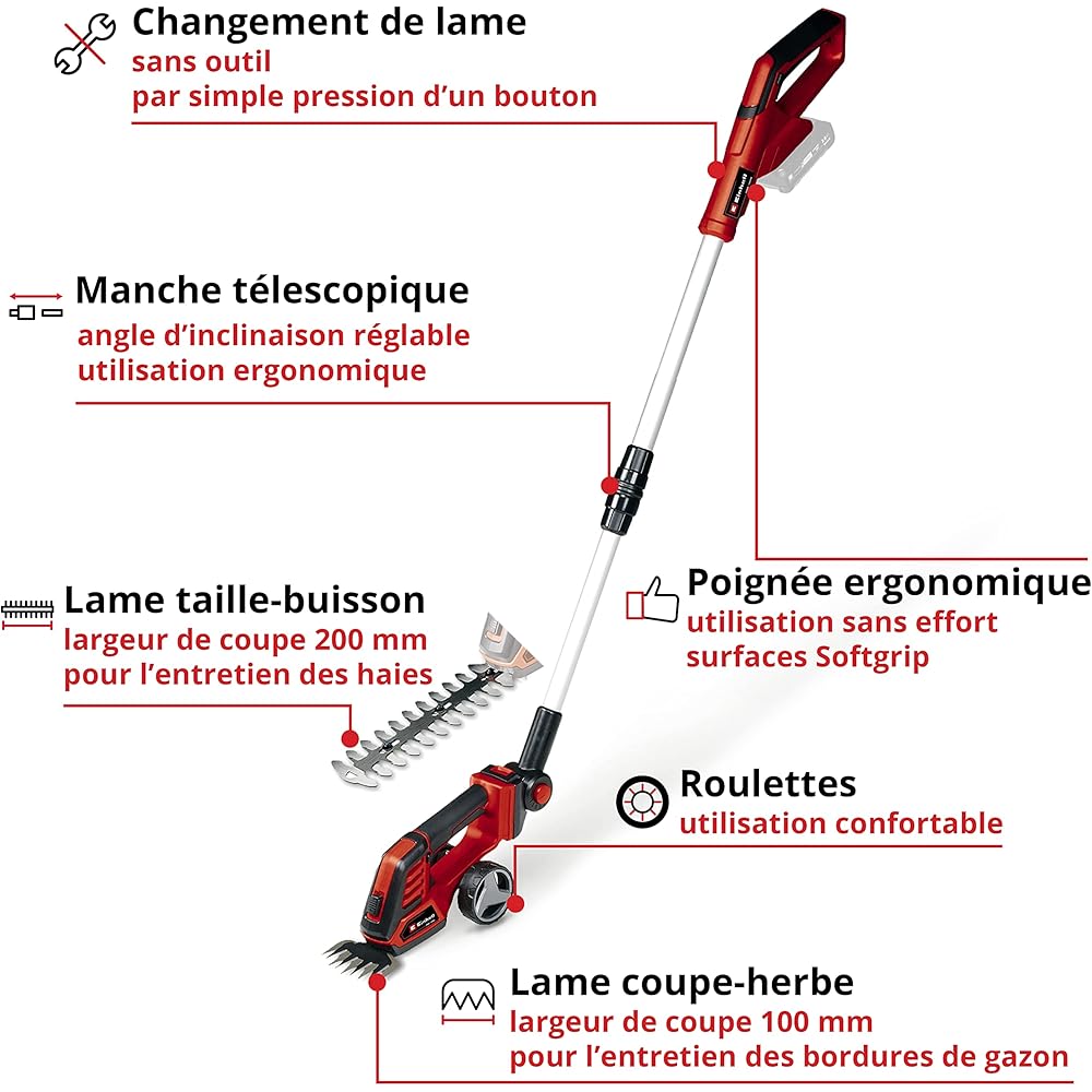 Einhell Cisaille à gazon sans fil GE-CG 18/100 Li T-Solo Power X-Change (18 V, Changement d’accessoire sans outil, avec rallonge télescopique) Livré sans Batterie ni Chargeur : Bricolage