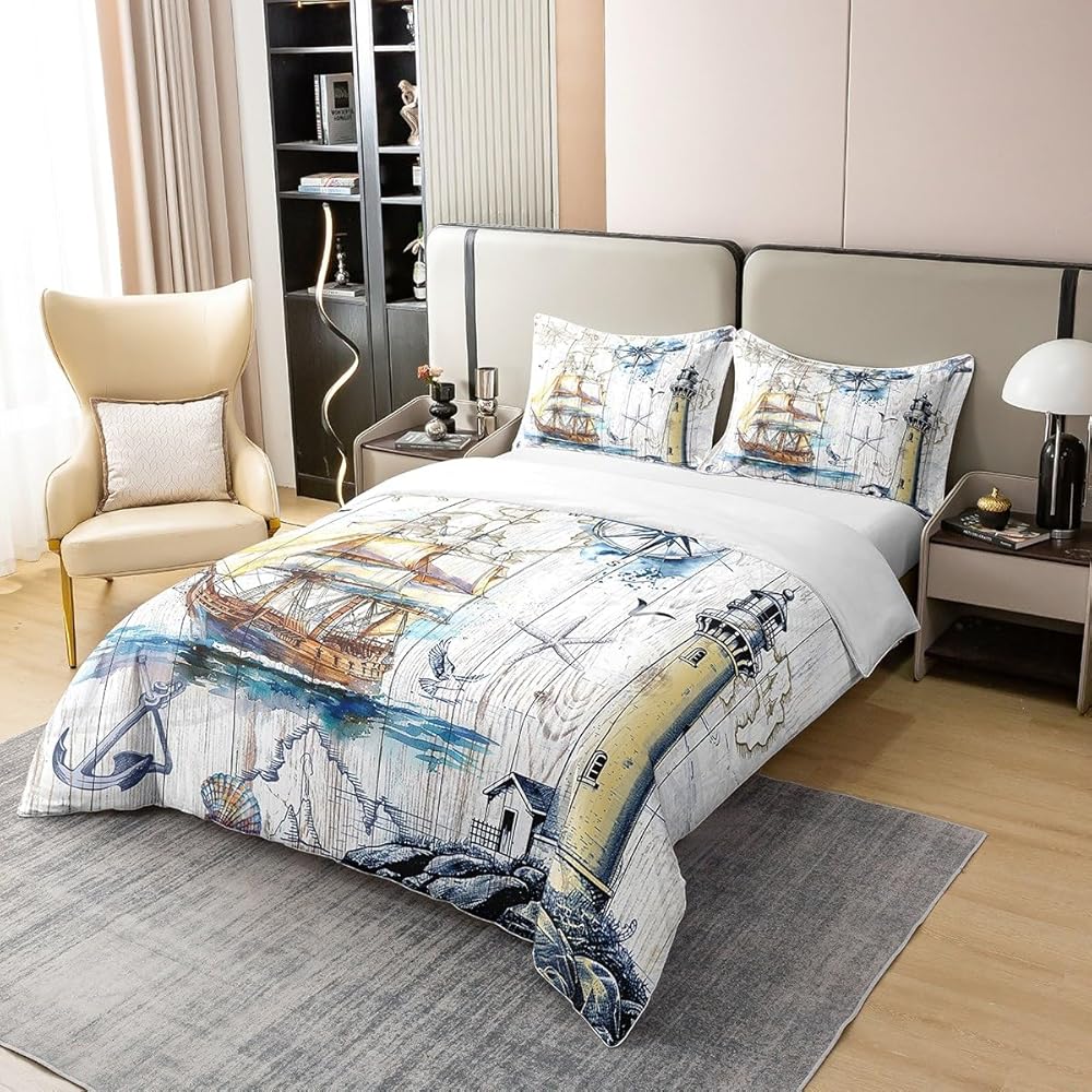 Homemissing Bateaux à Voile 100% Coton Enfants Ancre Parure de Lit 220x240cm Bois Compass Imprimer Housse de Couette Océan Voyage Aventure en mer Parure Housse de Couette : Cuisine et Maison
