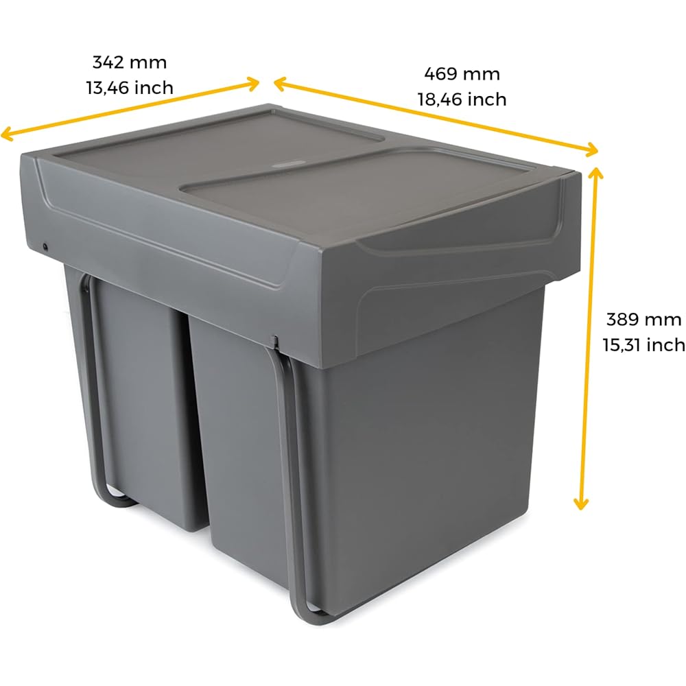 Emuca - Poubelles avec Fixation inférieure pour la Cuisine, 2 poubelles de Recyclage Amovibles de 20 L, capacité Totale 40 L (2 x 20 L), Acier et Plastique, Gris Anthracite. : Cuisine et Maison
