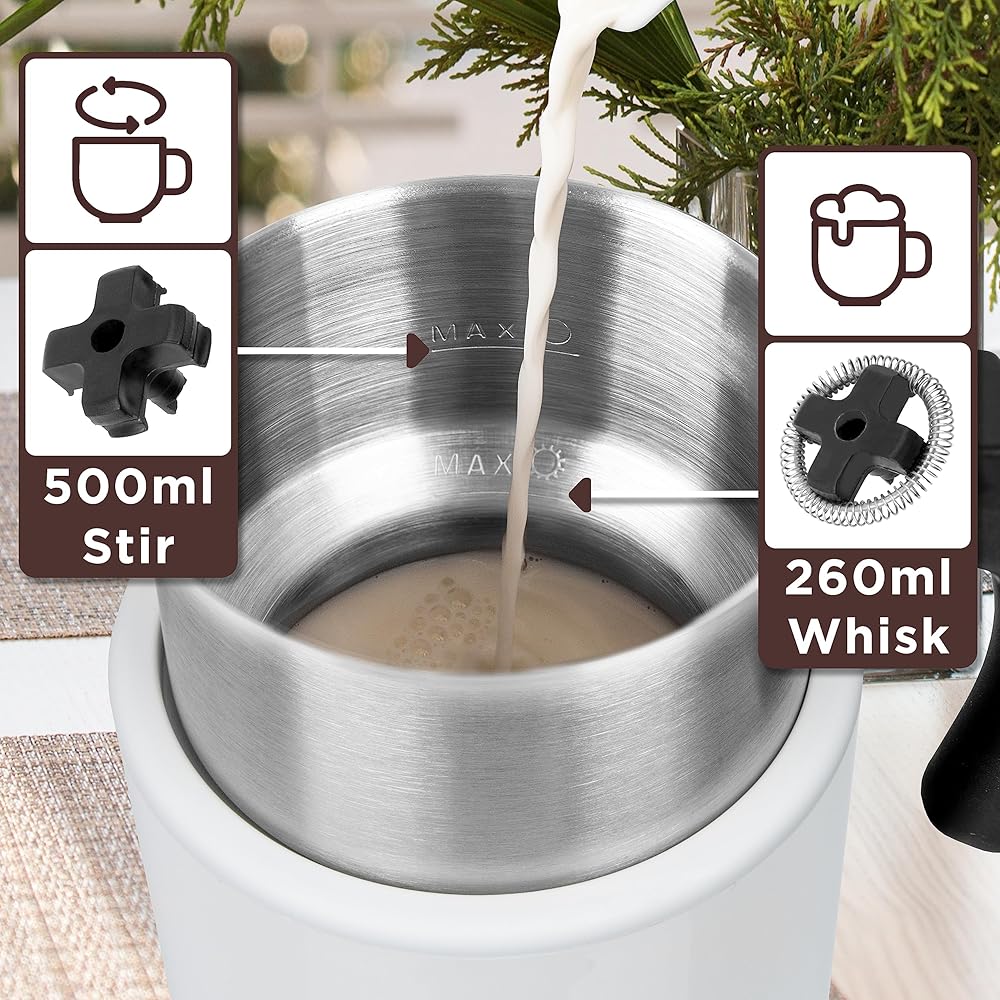Duronic MF500 WE Mousseur à Lait électrique automatique 550W Pour café cappuccino latte chocolat chaud thé Mousse chaude ou froide et lait chaud Capacité 500 ml Pot en inox : Cuisine et Maison