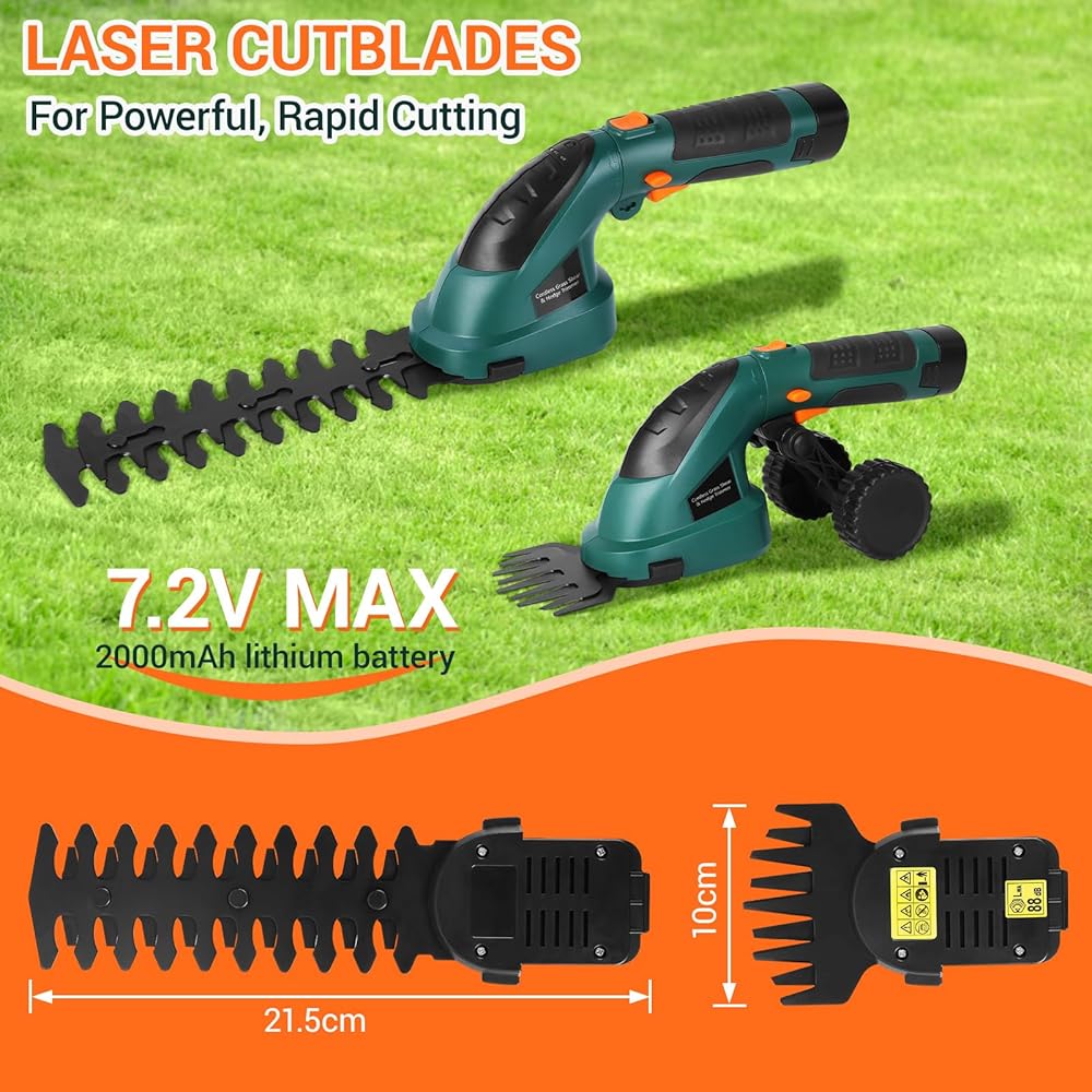 Coupe Bordure sans Fil, Cisaille à Gazon avec Batterie 7.2V et Chargeur, Taille Haies sans Fil, Tondeuse à Gazon, Manche Long Télescopique Détachable, pour Couper Gazon/Buisson/Haie,Vert foncé : Jardin