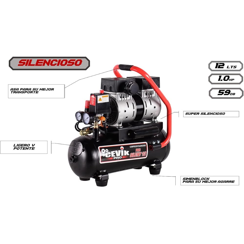 CEVIK PRO - CA-PRO12SILENT - Compresseur d’Air Silencieux - 62 dB - 12L - 1HP - Max 8 Bar - 115 l/min - Sans Huile - Deux Sorties d’Air - Compact Portable - Compresseur Peinture Outils Pneumatiques : Bricolage