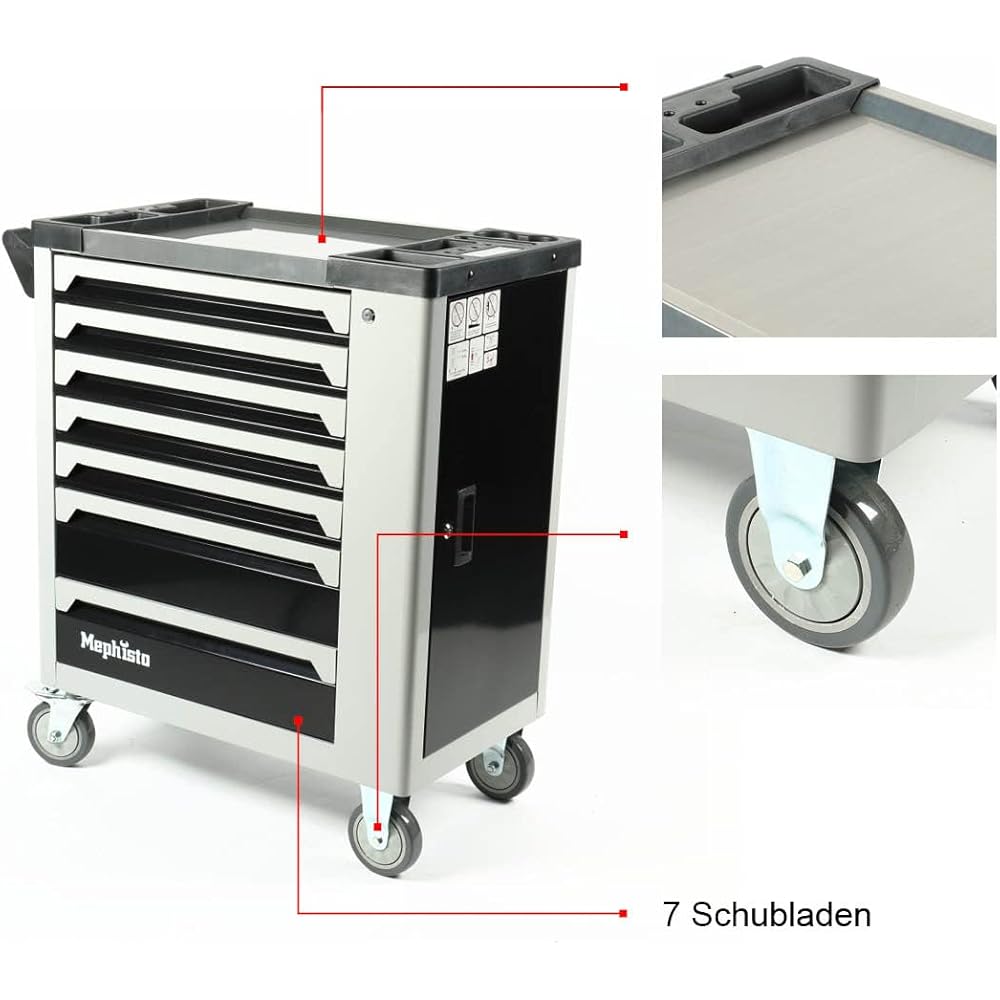 Mephisto Chariot d'atelier XXL Tool Wagen avec 7 tiroirs dont 7 avec outils dans des incrustations souples dans un tiroir rempli aspect carbone + insert supplémentaire avec clé à molette : Bricolage