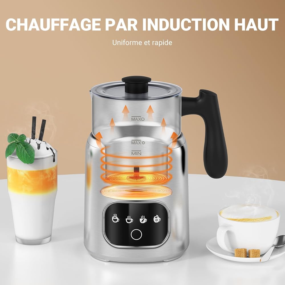 AMZCHEF Mousseur à lait électrique 4 en 1-400 ml - Avec écran tactile LED - Chauffage par induction 3D - Mousseur à lait - Chauffe également le chocolat et le lait pour latte, cappuccino et moka - : Cuisine et Maison