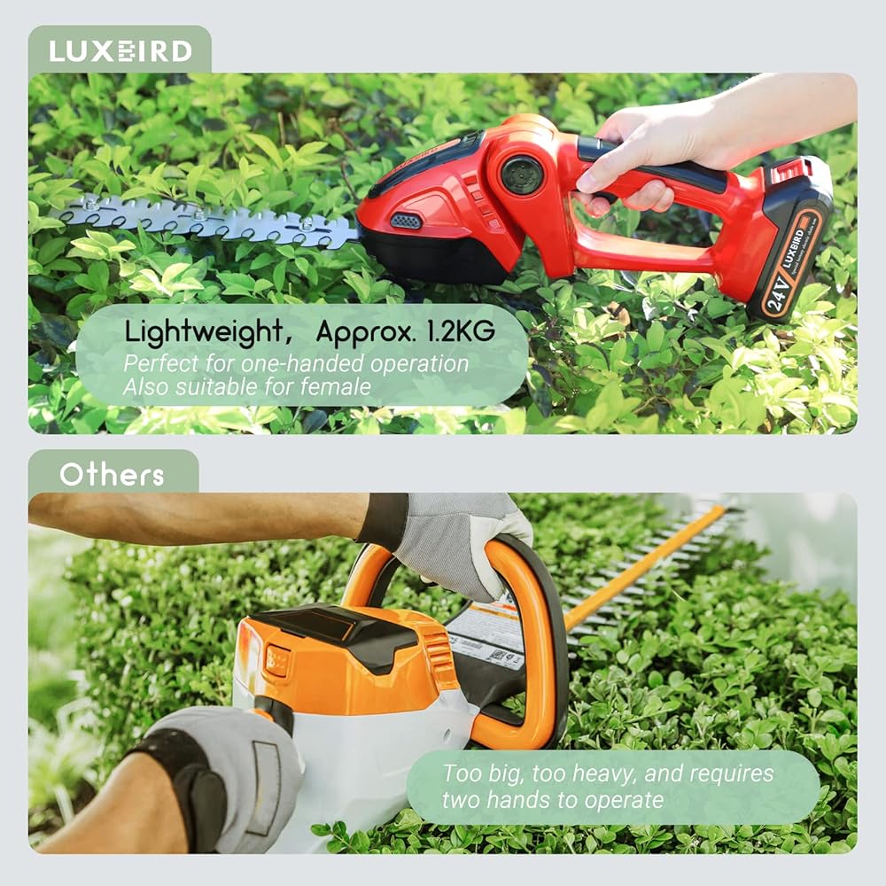 LUXBIRD Taille-haie 21V, cisaille à Gazon électrique sans Fil 2 en 1, Coupe-Herbe à Main IP67 étanche, avec 2 Lames remplaçables et 2 Piles Rechargeables Rouge : Jardin