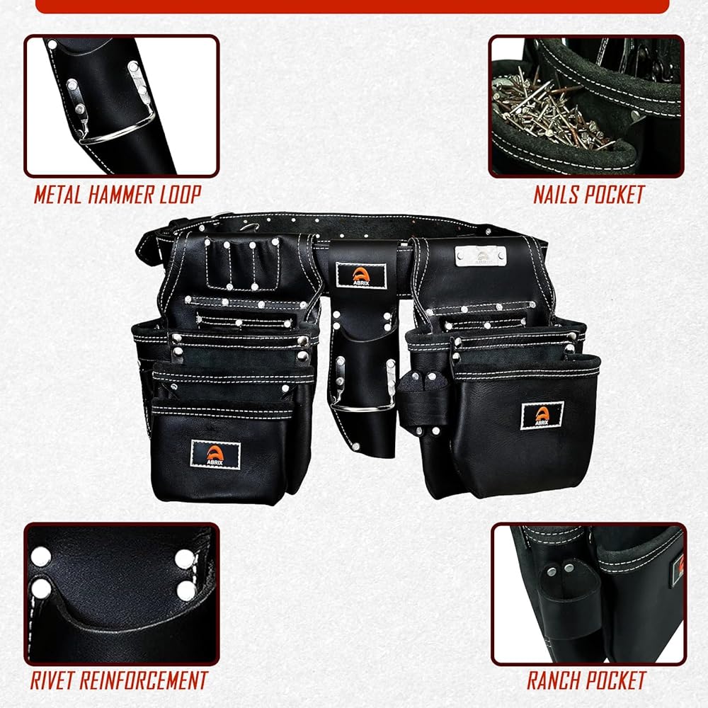 ABRIX PRO-280 Ceinture à outils en cuir tanné à l'huile de qualité supérieure, ceinture à outils en cuir robuste, 28 poches, ceinture à outils pour encadreur (cuir noir) : Bricolage