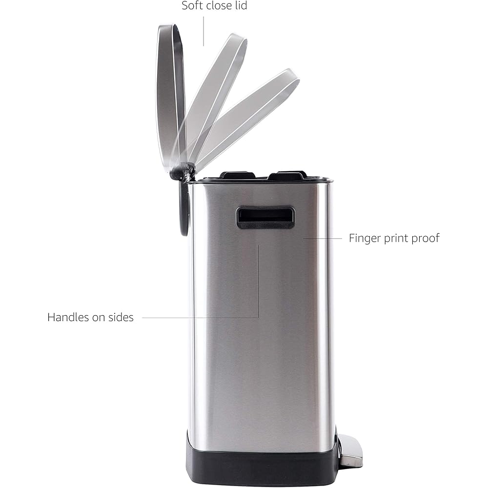 Amazon Basics Poubelle de recyclage rectangulaire à pédale avec 2 compartiments et couvercle à fermeture douce, 25 L & 15 L (40L), argent : Cuisine et Maison