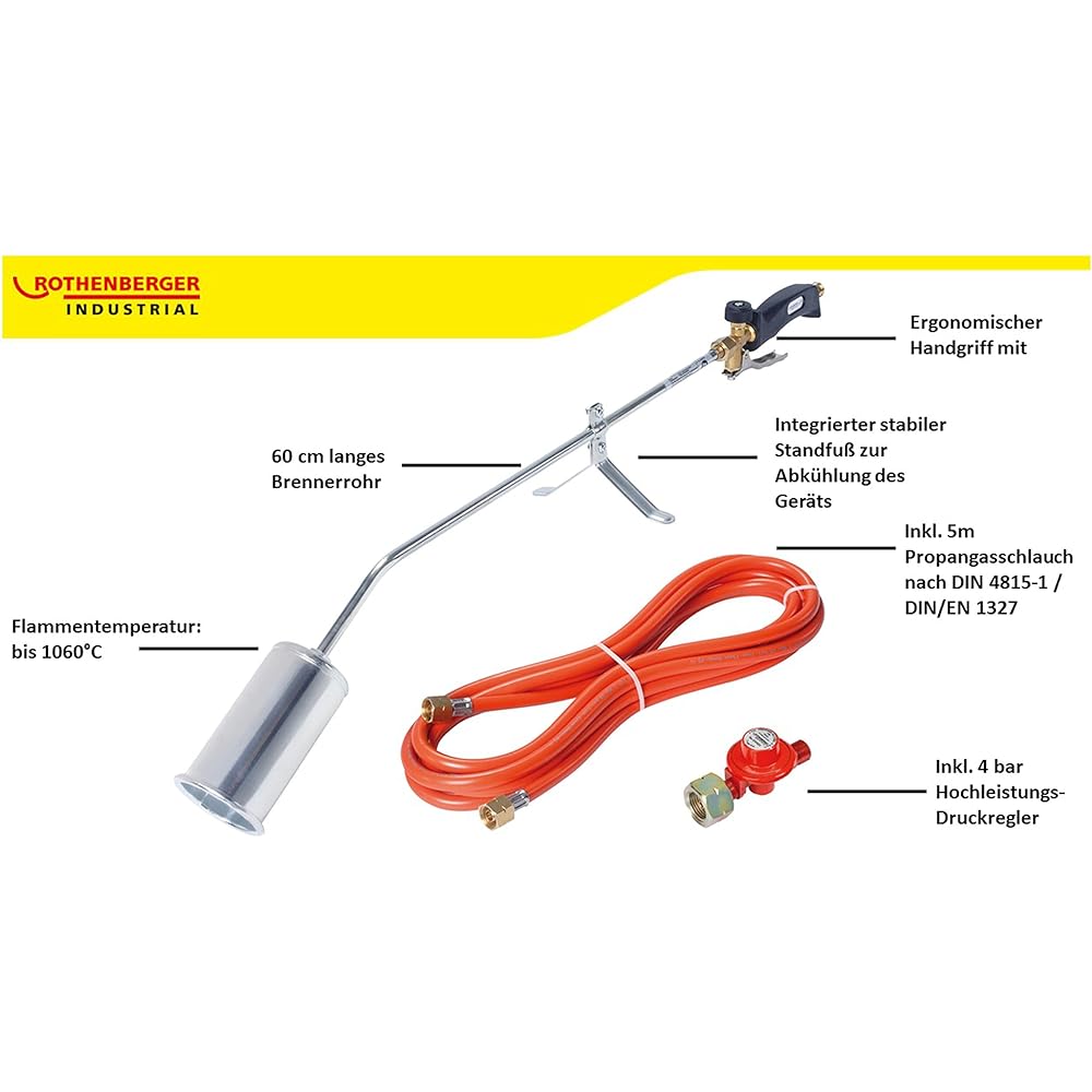 ROTHENBERGER Industrial Anwärm Brenner RoMaxi Eco inkl. 5m Propan Gas Schlauch & Druck regler, Unkraut Vernichter, Bitumenbahnen, Folien Verschweißen - 1500000930 : Jardin
