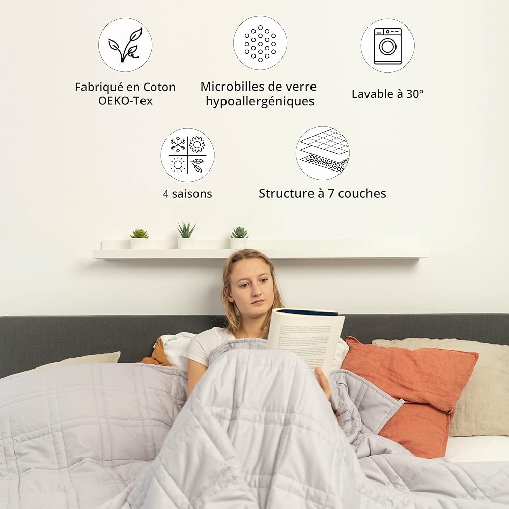 Ella Couverture Lestée Adulte 150x200cm 9kg - Couverture Pondérée Relaxante & Calmante - 7 Couches, Perles de Verre Hypoallergéniques, Couche Externe Coton Doux & Rafraîchissant - Weighted Blanket : Hygiène et Santé
