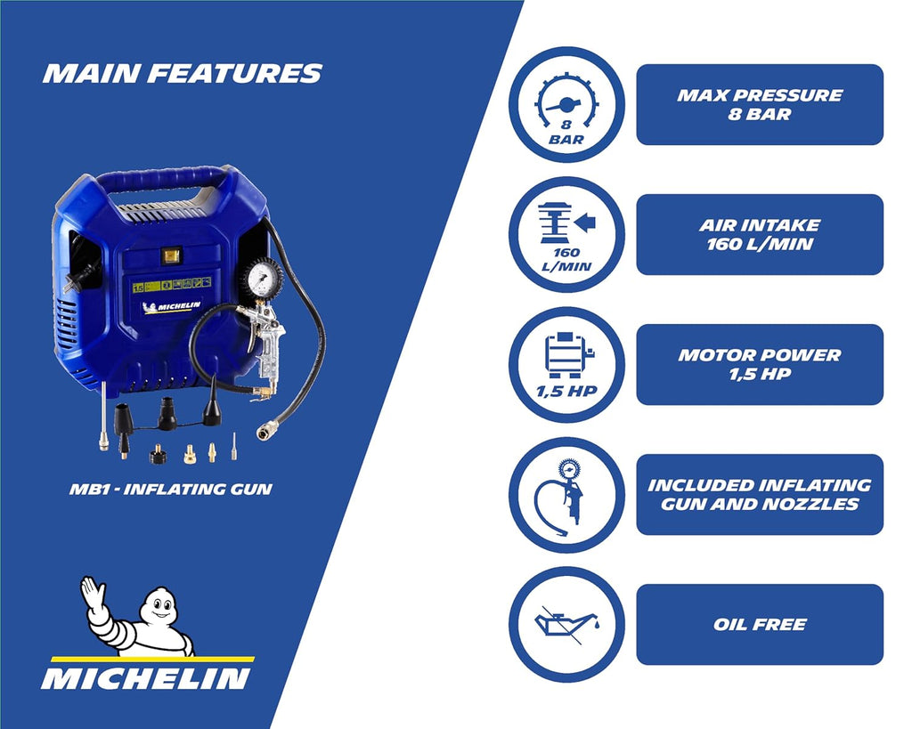 MICHELIN MB1 Compresseur d'air portable sans huile 1,5 CV pression maximale 8 bar avec tuyau 1 m et accessoires