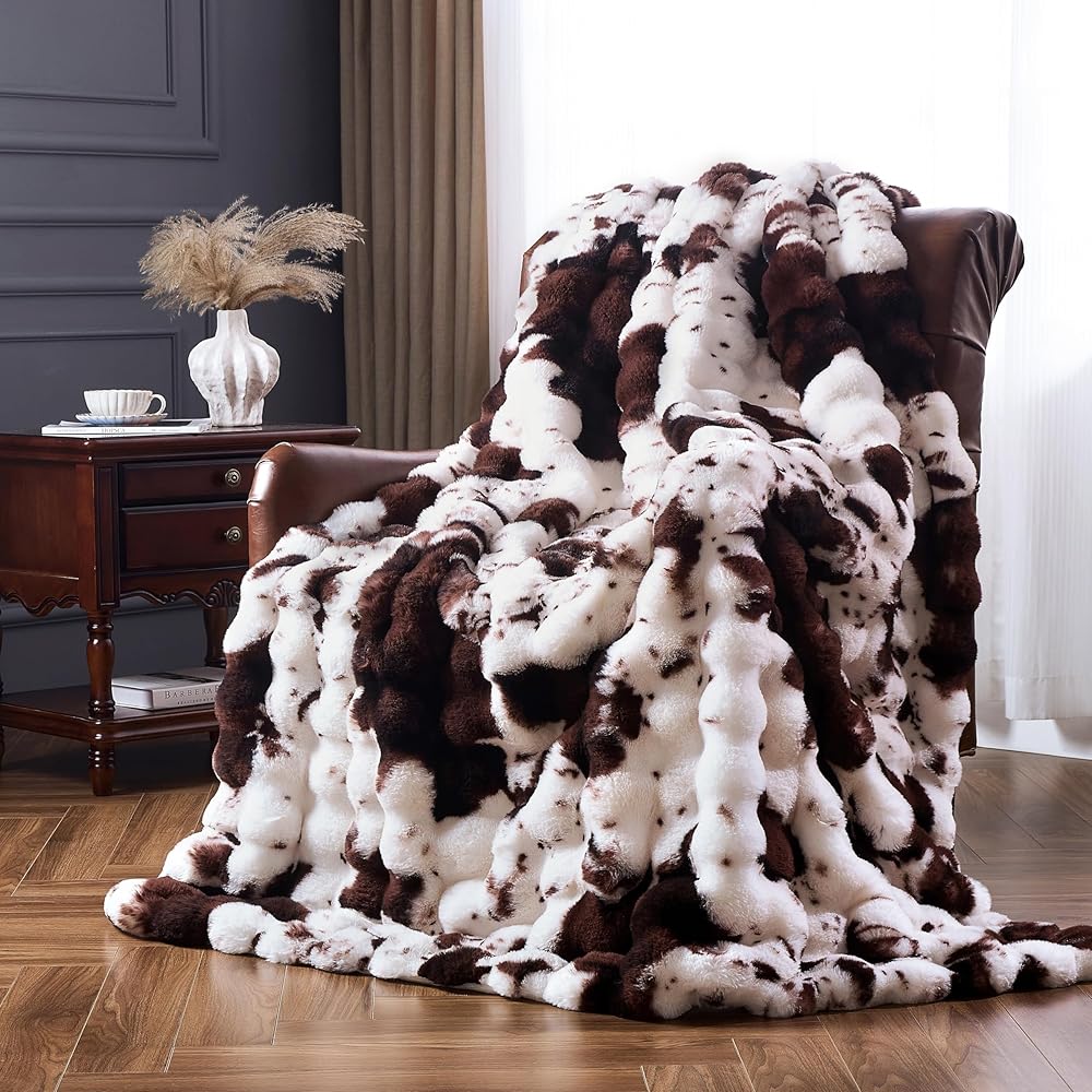 YBIKE Couverture à Bulles en Fausse Fourrure de Lapin, Couverture Sherpa Moelleuse, Douce et Chaude, réversible, épaisse pour lit, canapé (Marron Vache, 200 x 150 cm) : Cuisine et Maison