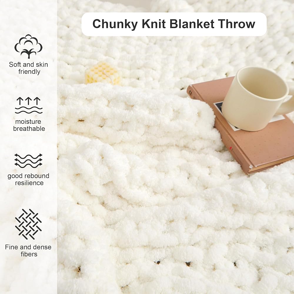 Viviland Couverture en tricot épais, luxueux 100 % tricoté à la main, doux et confortable pour canapé, lit, chaise - Couverture tissée épaisse, 127 x 152 cm, blanc : Cuisine et Maison