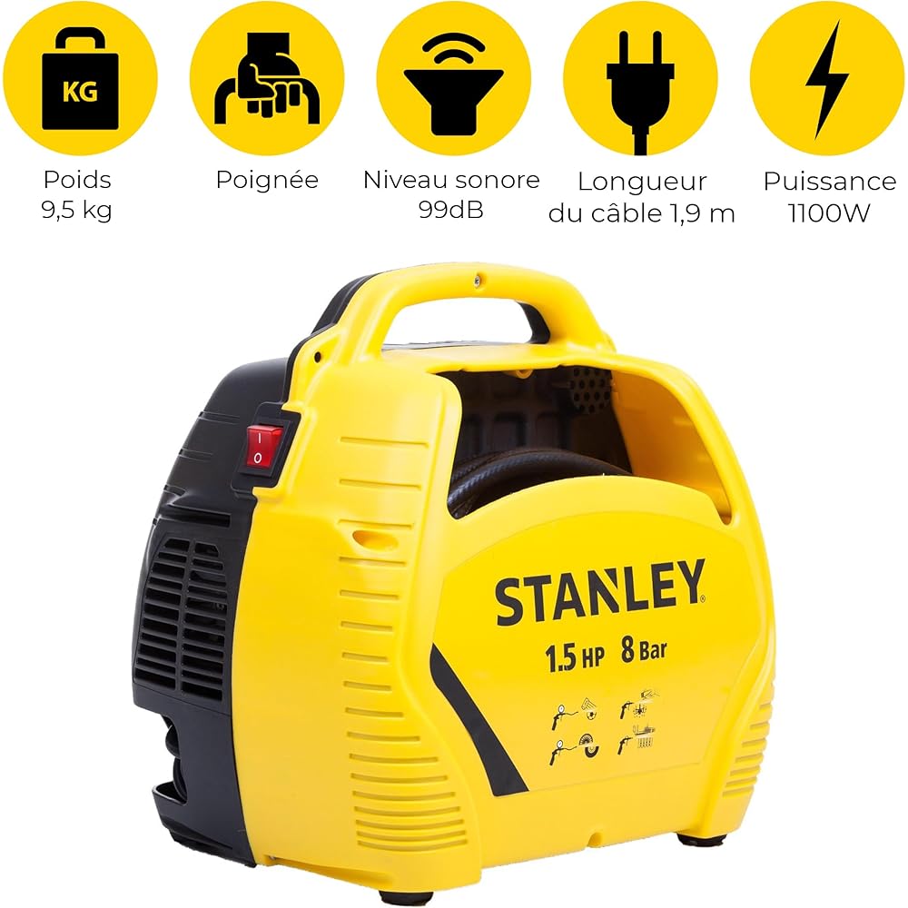 Stanley Compresseur à Air 8 Bar - Compresseur Voiture Portatif Sans Huile avec Outils Pneumatiques - Incl. Tuyau d'Air 3M, Pistolet à Air avec Manomètre et 3 Buses - Jaune : Stanley: Bricolage