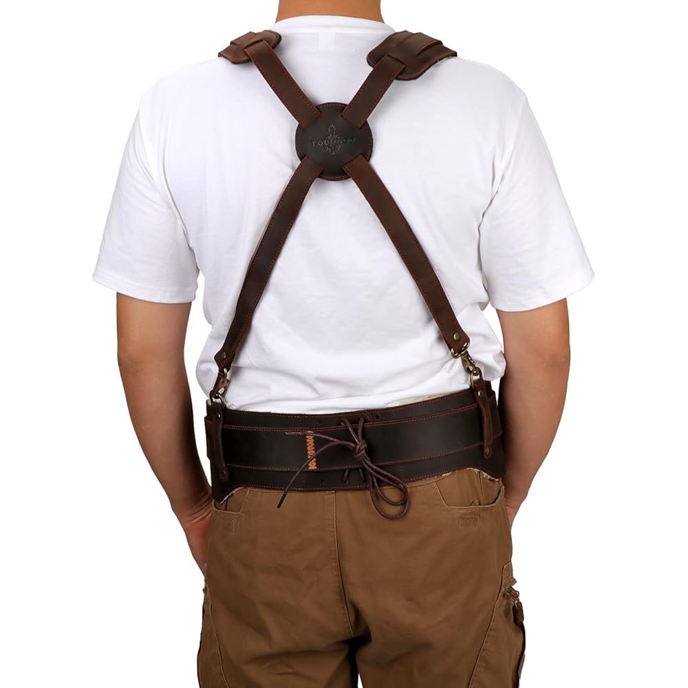 Tourbon Ceinture à outils en cuir véritable avec bretelles robustes pour électricien, charpentier : Bricolage