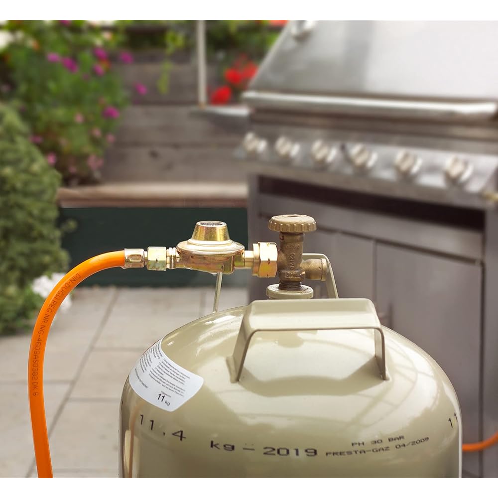 CFH Brûleur GV 900 52084 avec régulateur de pression, support de pose et tuyau de 5 m, 3/8" en Argenté, Bleu, Orange : Jardin