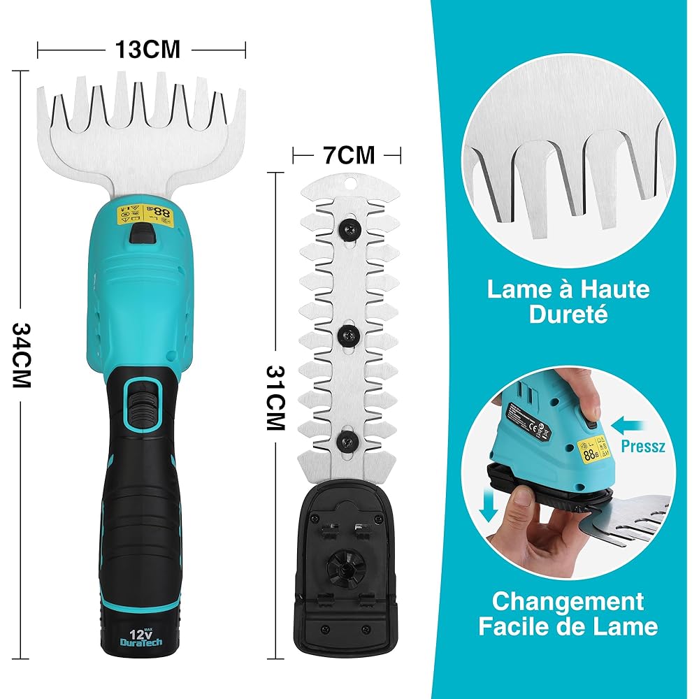 DURATECH Cisaille Sculpte-Haie Electrique, Taille-Herbes sans Fil 12V, Taille Haie Batterie 2000mAh, 2 Lames, Cisaille a Gazon Léger pour Coupe, Elagage, avec Sac Oxford : Jardin