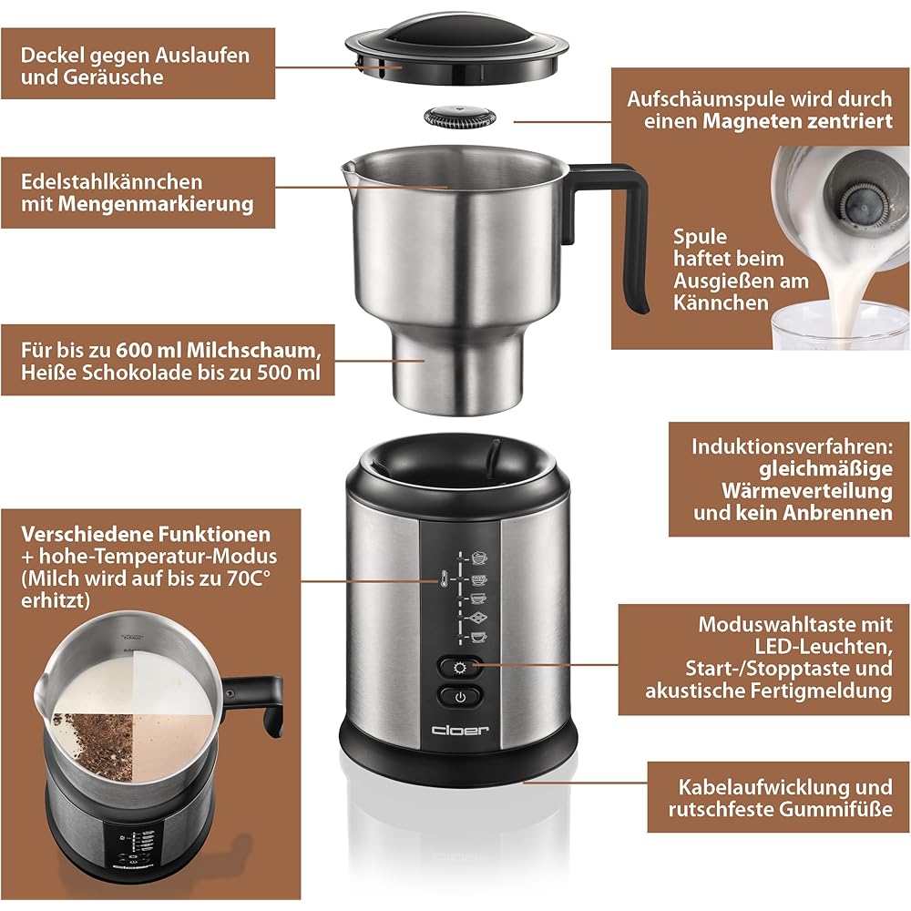 Cloer 7789 Mousseur à lait à induction XL800, mousse de lait 600 ml, chocolat chaud 500 ml, récipient 800 ml, commande électronique, 500 W, bobine de mousse magnétique, verseuse en acier inoxydable : Cuisine et Maison