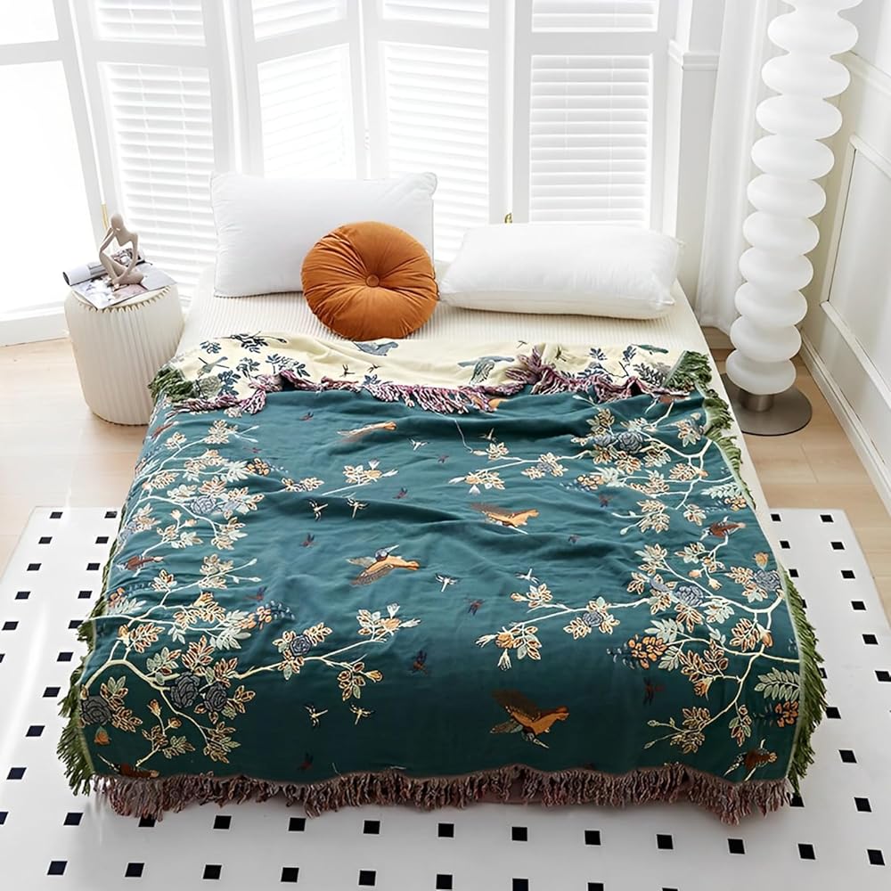 Snylcce Large Double-Sided Bohemian Throw - 100% Coton Biologique tissé à la Main pour lit et canapé, Accent Boho Confortable pour canapés 2-3 Places et fauteuils - 200x230cm,Deep Blue : Cuisine et Maison