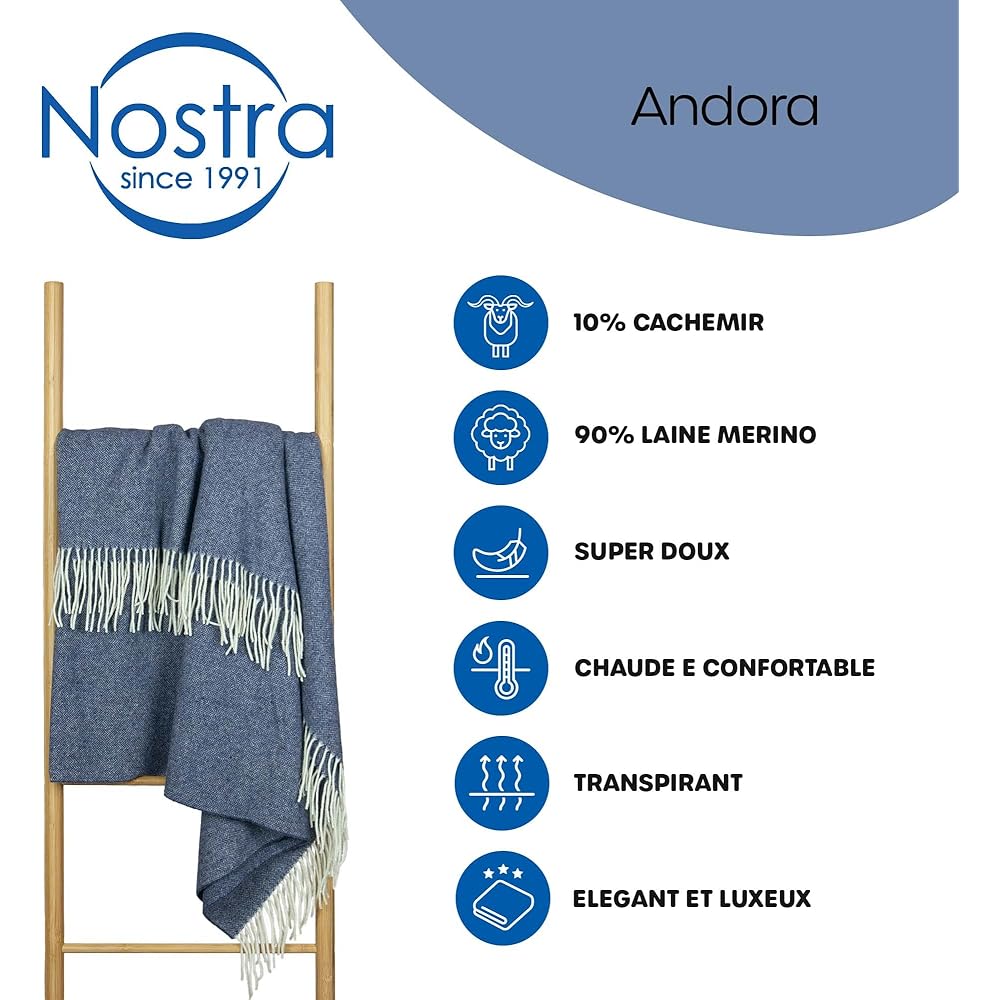 Couverture en Laine Mérinos 140x200 avec 10% Cachemire – Plaid en Laine Merinos Chaud et Léger pour Lit, Adapté pour Hiver et Été, Jeté Élégant avec Franges – Nostra Andora : Cuisine et Maison