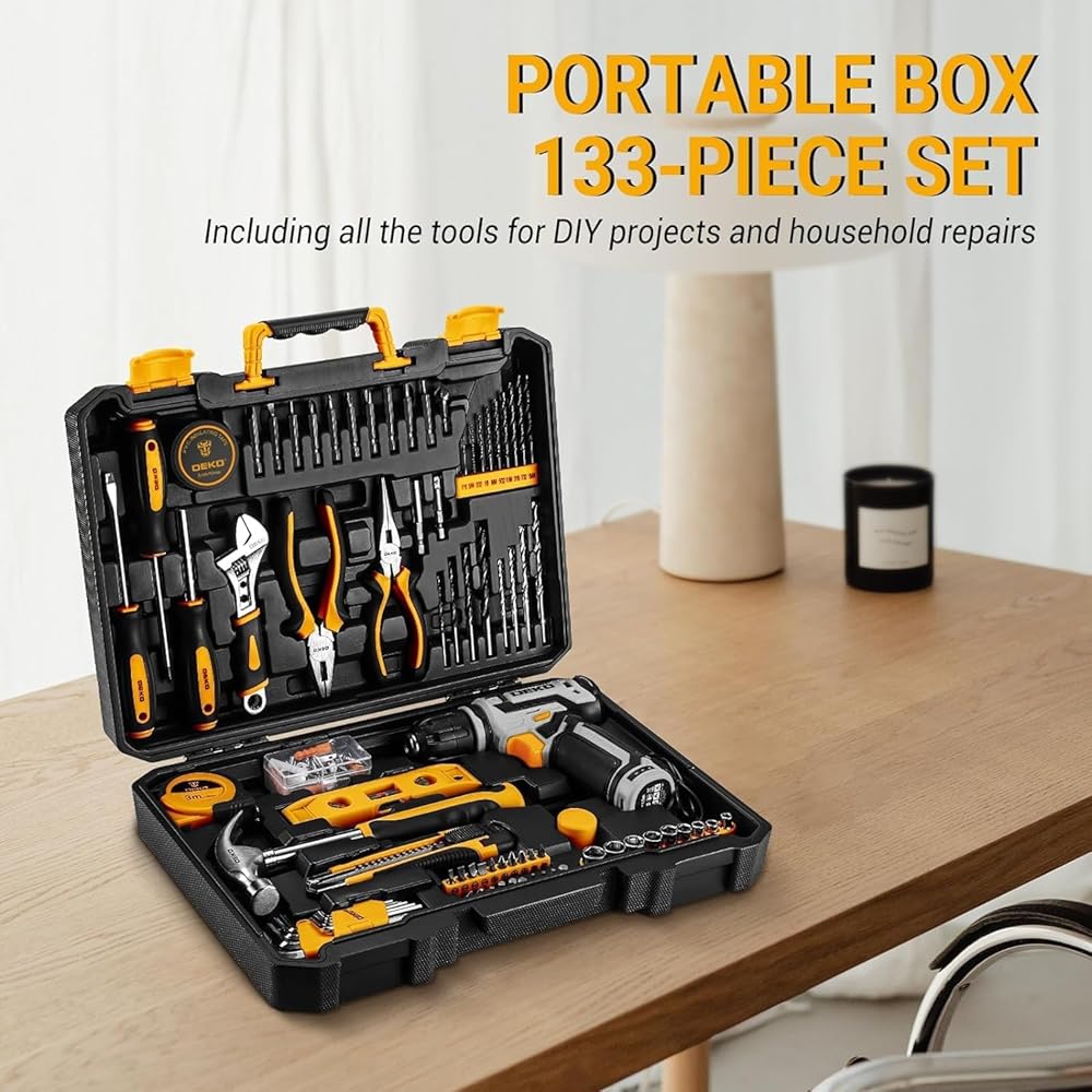 boite a outils complete 133 pièces - DEKO PRO Mallette à outils grise pour réparations domestiques et bricolage, avec perceuse visseuse électrique 12 V pour percer et serrer/desserrer les vis : Bricolage