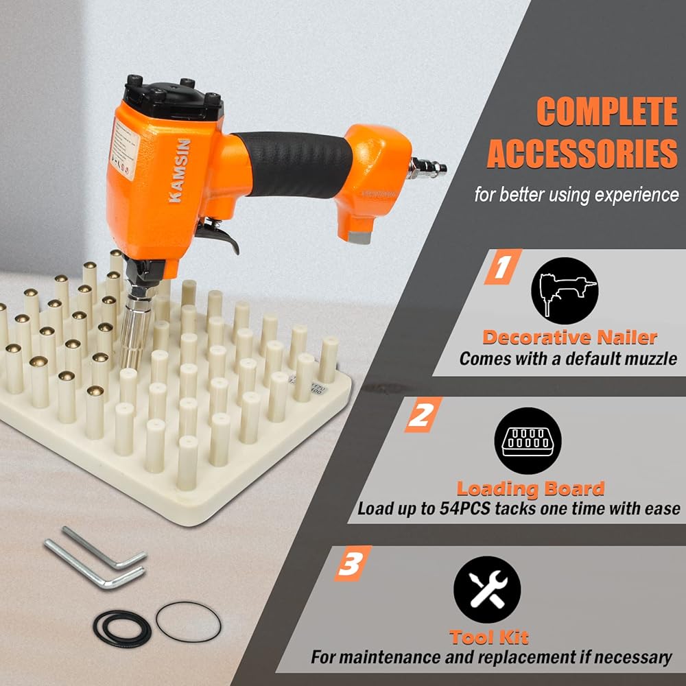 KAMSIN 1170 Cloueuse décorative pneumatique avec panneau de charge et manchon remplaçable, pistolet à clouer à air pour clous de tapisserie, épingles de tapisserie : Bricolage