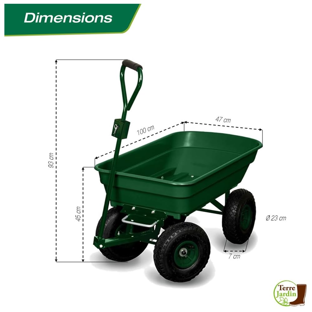 Chariot de jardin 4 roues 120 kg benne basculante 52 L avec fonction brouette et attelage pour tracteur tondeuse