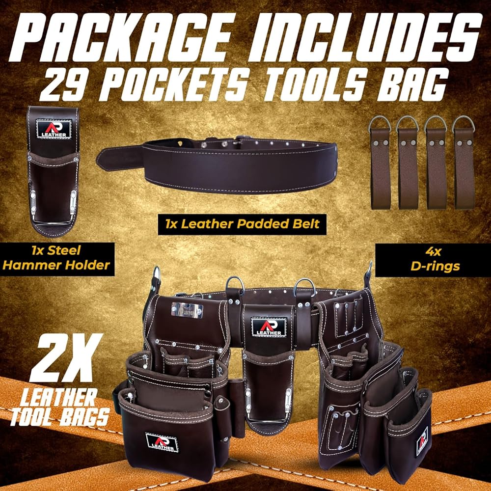 Ap-Leather Pro-302 Ceinture à outils en cuir tanné à l'huile de qualité supérieure, sac à outils de charpentier | Ceinture à outils marron chocolat, 29 poches avec 4 boucles, ceinture à outils de : Bricolage