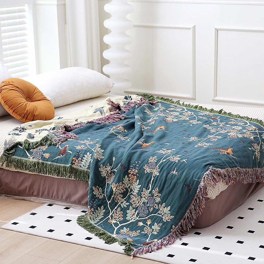 Snylcce Large Double-Sided Bohemian Throw - 100% Coton Biologique tissé à la Main pour lit et canapé, Accent Boho Confortable pour canapés 2-3 Places et fauteuils - 200x230cm,Deep Blue : Cuisine et Maison