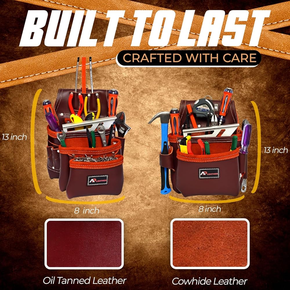 Ap-Leather Pro-302 Ceinture à outils en cuir tanné à l'huile de qualité supérieure, sac à outils de charpentier | Ceinture à outils marron, 29 poches avec 4 boucles, ceinture à outils de charpentier, : Bricolage