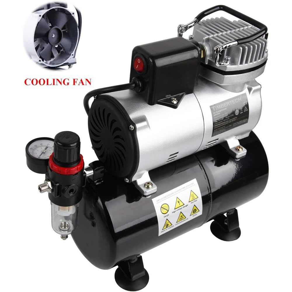 Timbertech ABPST08K Compresseur d'aérographe complet avec ventilateur de refroidissement amélioré, mini compresseur, pistolet aérographe et accessoires aérographe : Bricolage
