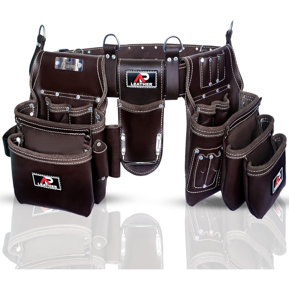Ap-Leather Pro-302 Ceinture à outils en cuir tanné à l'huile de qualité supérieure, sac à outils de charpentier | Ceinture à outils marron chocolat, 29 poches avec 4 boucles, ceinture à outils de : Bricolage