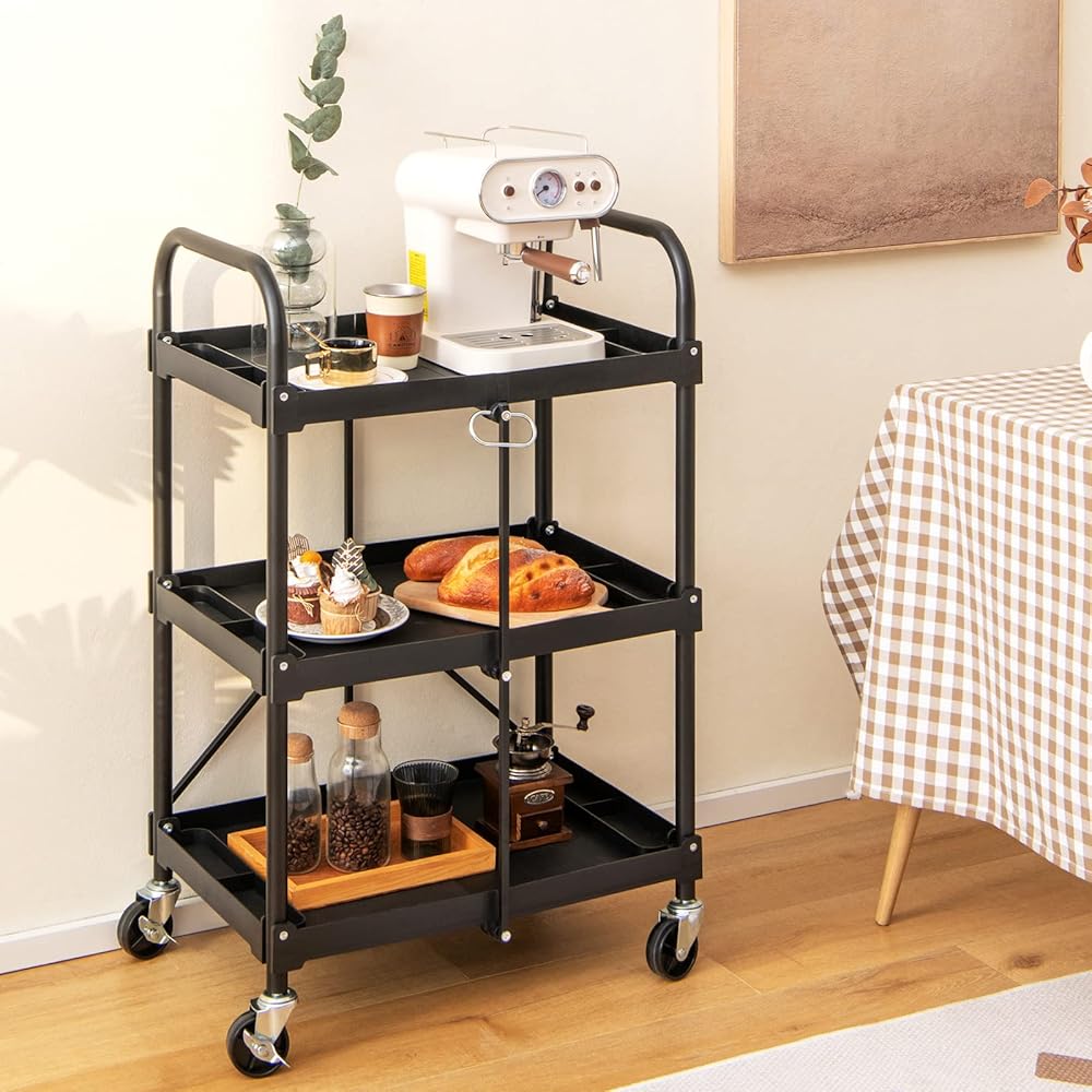 COSTWAY Chariot Servante d'Atelier à 3 Niveaux Pliant avec Roues Universelles, Chariot à Outils 4 Rainures et Mains Courantes Charge 45KG, 61 x 44 x 96 cm Noir : Commerce, Industrie et Science