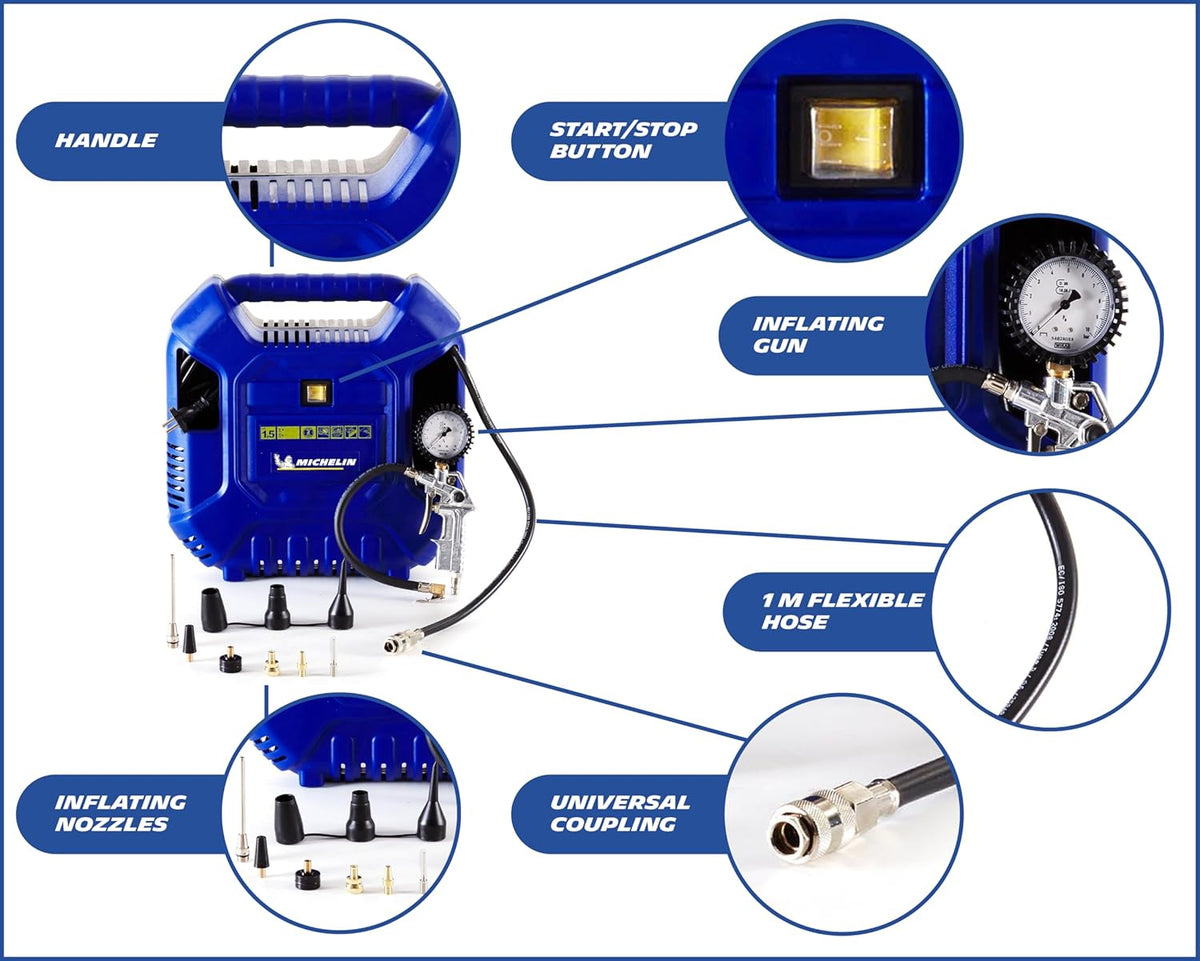MICHELIN MB1 Compresseur d'air portable sans huile 1,5 CV pression maximale 8 bar avec tuyau 1 m et accessoires